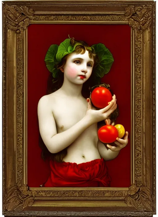 Prompt: Girl with a tomato, in the style of Raphael and Mark Ryden and Alphonse Mucha,