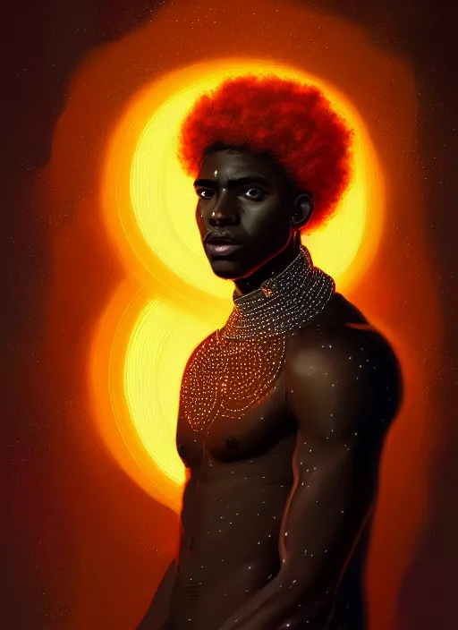 Image similar to portrait of young black man with glowing jewels, afro - futurist style, intricate, elegant, glowing lights, highly detailed, digital painting, artstation, concept art, smooth, sharp focus, illustration, art by wlop, mars ravelo and greg rutkowski