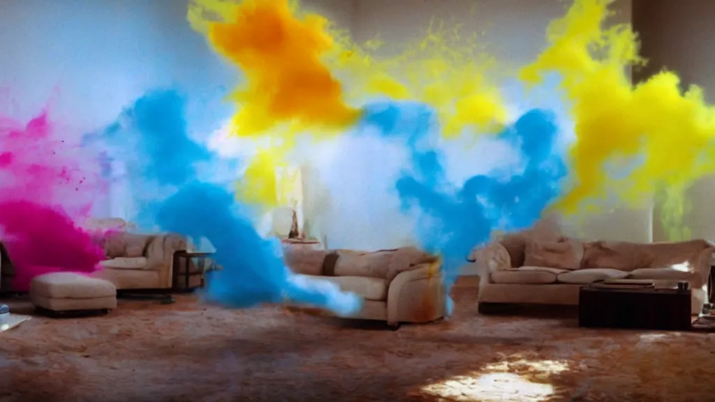 Image similar to colored powder explosion in the living room, film still from the movie directed by Denis Villeneuve with art direction by Salvador Dalí, wide lens