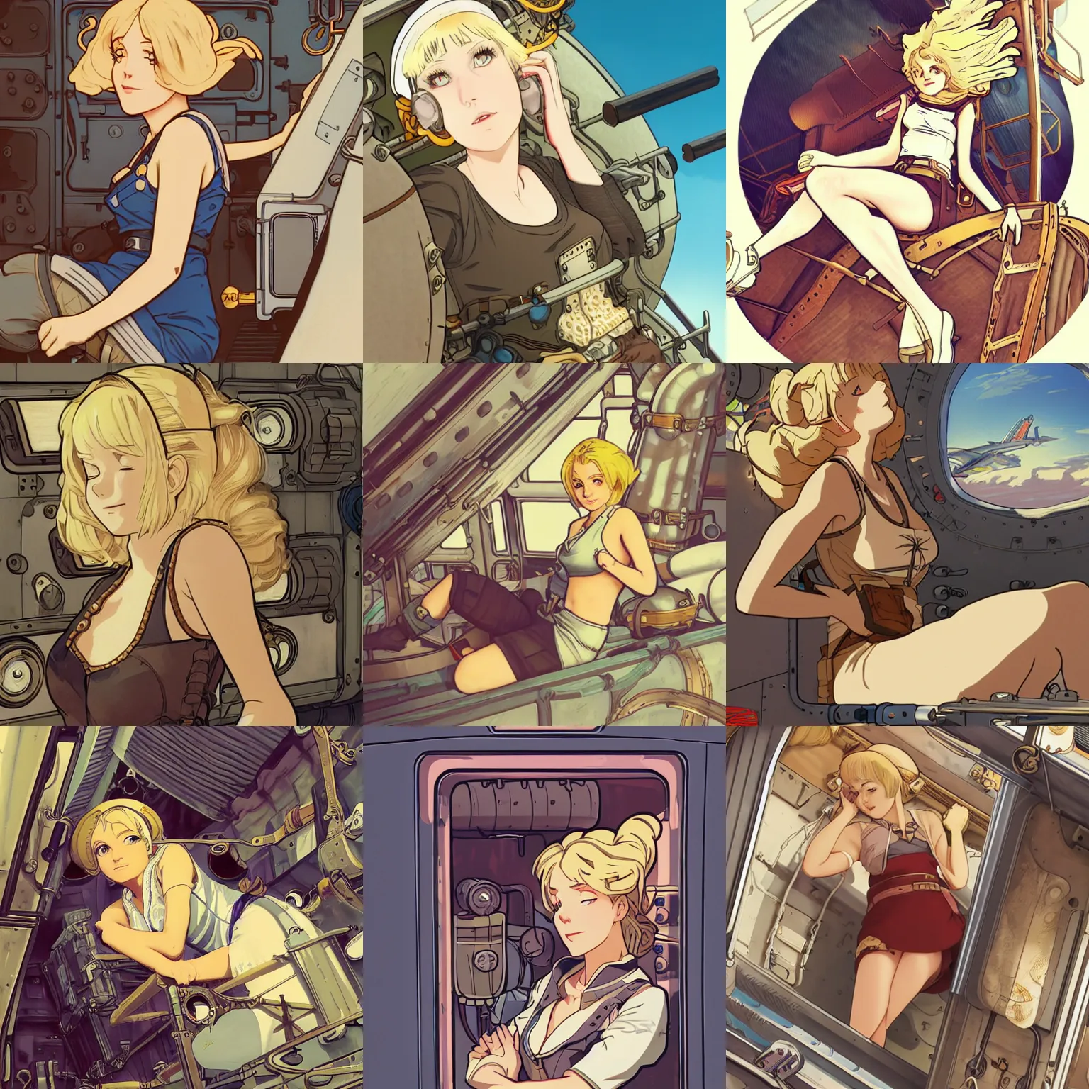 Prompt: Character portrait of a tank top-clad blonde female airship mechanic resting in her cramped bunk, steampunk, highly detailed, artstation, animation cel, concept art, by Kyoto Animation and Studio Ghibli, by Ilya Kuvshinov and Alphonse Mucha