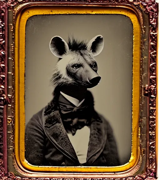 Image similar to professional studio photo portrait of anthro anthropomorphic spotted hyena head animal person fursona wearing clothes by Louis Daguerre daguerreotype