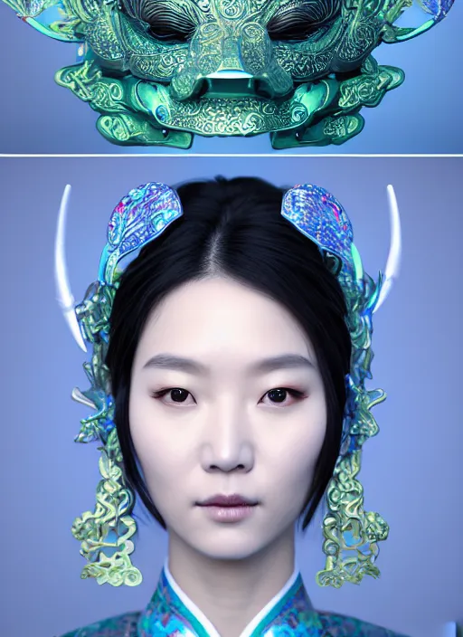 Image similar to 3 d goddess waist shot portrait. beautiful intricate highly detailed korean dokkaebi mask and traditional korean hanbok. stingray, magpie, bioluminescent, iridescent, plasma, lava, ice, water, wind, creature, key lighting, artwork by tooth wu and wlop and beeple and greg rutkowski, 8 k trending on artstation,