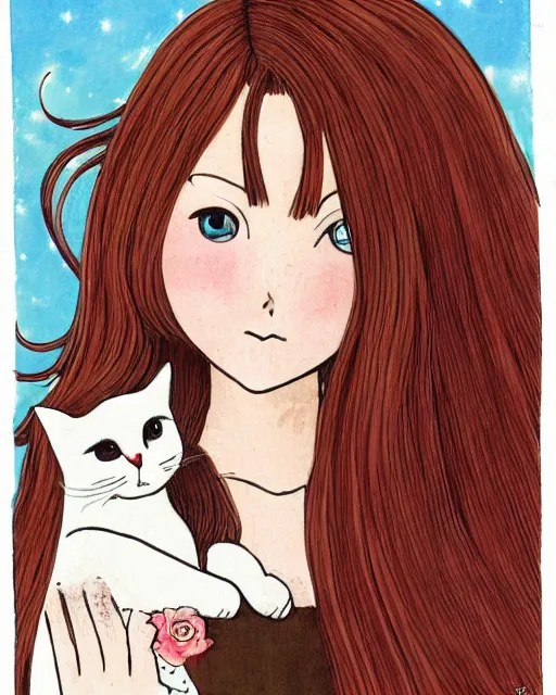 Image similar to a portrait of a young woman with very long pink hair undulating on the wind, light brown eyes, slightly chubby, pale skin, pretty, cute, holding a white cat. by naoko takeuchi