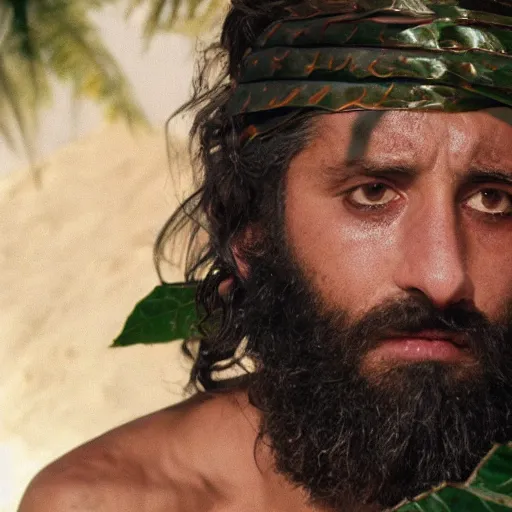 Image similar to cinematic still of hiding middle eastern skinned frightened man wearing fig leaves for clothing, paradise background, from Biblical epic by Steven Spielberg