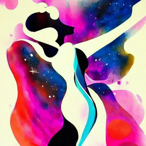 Image similar to abstract ink and acrylic painting, ink drawing shape of a dancing beautiful woman silhouette!, pouring, sprays, nebulae colors, black dark blue purple and pink color scheme, curves, starfield, artstation, pinterest