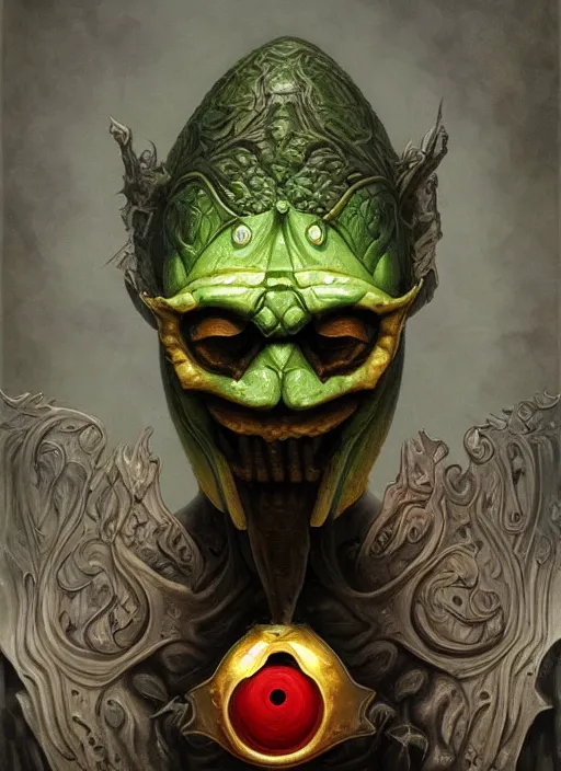 Image similar to avocado mf doom devil eyes, the devil's avocado, avocado skin. intricate, elegant, highly detailed, centered, digital painting, artstation, concept art, smooth, sharp focus, illustration, artgerm, tomasz alen kopera, peter mohrbacher, donato giancola, joseph christian leyendecker, wlop, frank frazetta