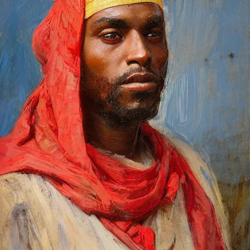 Prompt: Solomon Joseph Solomon and Richard Schmid and Jeremy Lipking Middle eastern genre painting portrait painting of a young handsome man in ancient Canaanite costume, red background