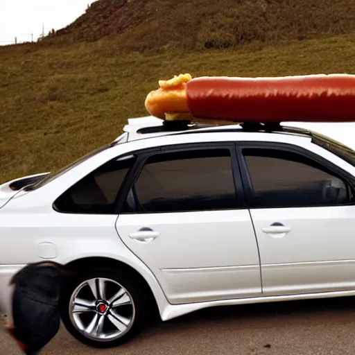 Prompt: a hotdog driving a subaru impreza