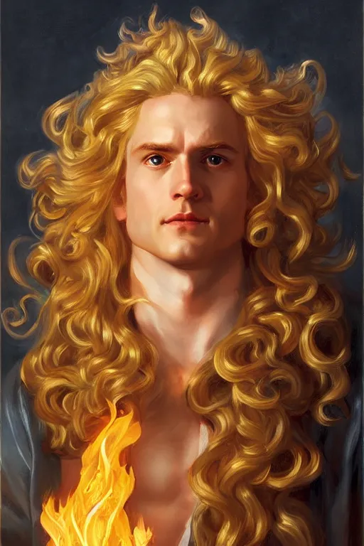 Prompt: Lucius as a demigod of scintillating radiance, long fluffy blond curly hair, wreathed in magnificent flames, oil on canvas, golden hour, artstation, by J. C. Leyendecker and Peter Paul Rubens