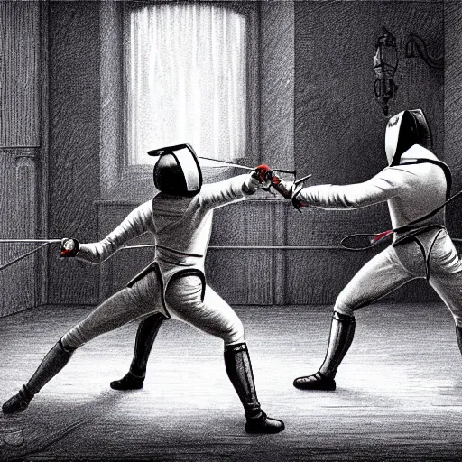 Image similar to a great fencing duel for the ages taking place in midtown england ilust. 1 7 8 4, atmospheric lighting, detailed, hdr, 4 k, best on wlop, pixiv, stunning, gorgeous, much wow, cinematic, masterpiece
