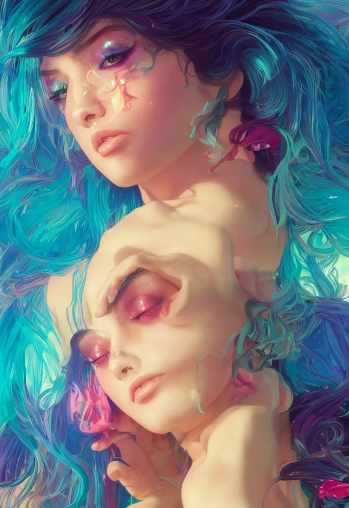 Image similar to beautiful, young woman, detailed gorgeous face, vaporwave aesthetic, synthwave, colorful, psychedelic, artstation, concept art, smooth, extremely sharp detail, finely tuned detail, ultra high definition, 8 k, unreal engine 5, ultra sharp focus, illustration, art by artgerm, greg rutkowski and alphonse mucha