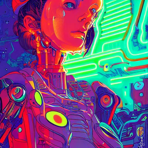 Image similar to portrait of a young mech girl with fluorescent cybernetic implants dripping in a world of neon dreams by james jean and kilian eng