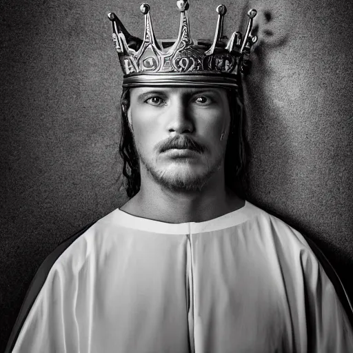 Prompt: stunning beautiful portrait photography of a face detailing medieval king with crown from national geographic magazine award winning, dramatic lighting, taken with Sony alpha 9, sigma art lens, medium-shot, monochrome