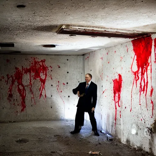 Image similar to putin with a chainsaw. in a concrete bunker with a pile of corpses. focus on putins face with blood splatters. canon eos r 3, f / 1. 4, iso 1 6 0 0, 1 / 8 0 s, 8 k, raw, grainy