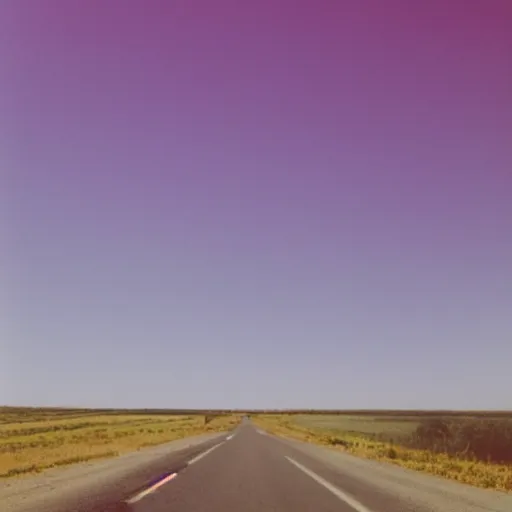 Prompt: Analog photo of a pink car driving off in the distance on a long road, wide view, depth of field