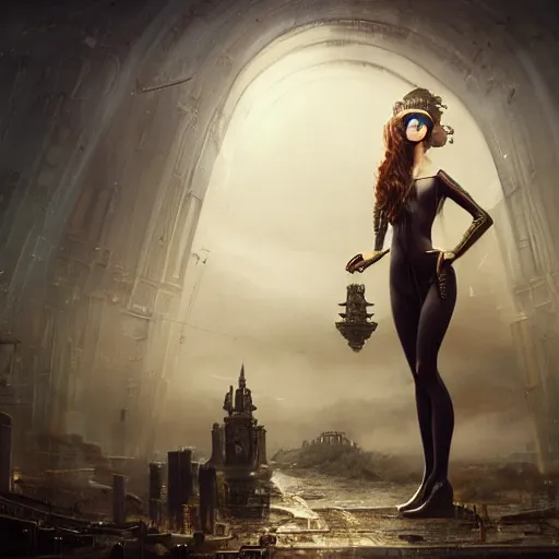 Image similar to By Tom Bagshaw, Abstract tech, a very beautiful steampunk female in bodysuit, ruins by night, symmetric body features proportions, horror, volumetric clouds and fog, focus, detailed, realistic eyes looking at camera, symmetric body features proportions, golden ratio, intricate details, award winning, unreal render