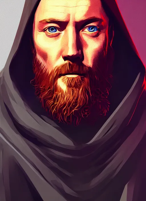 Image similar to a portrait of obi - wan kenobi as a jesus, cyberpunk, grim - lighting, high - contrast, intricate, elegant, highly detailed, digital painting, artstation, concept art, smooth, sharp focus, illustration