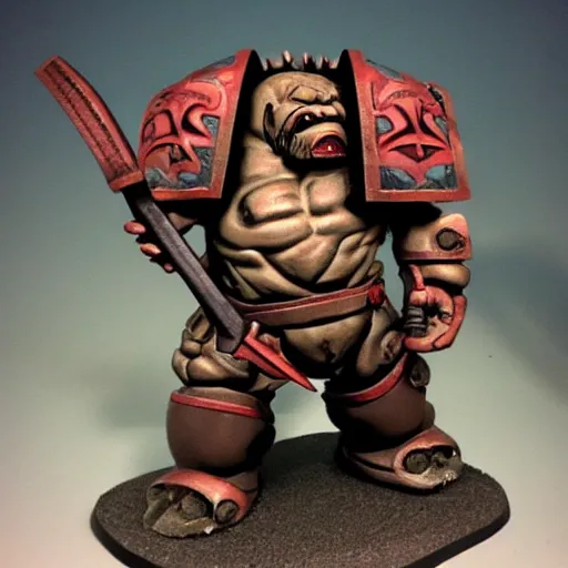 Image similar to ogre irongut with a battle axe in the style of warhammer fantasy : : head and torso drawing
