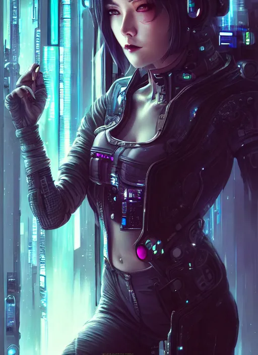 Image similar to art by ross tran, full body portrait of cyberpunk woman looking out of a window, cyberpunk setting, futuristic, highly detailed, intricate lighting, digital painting, sharp focus, illustration, cinematic, trending on artstation, by anna dittmann, karol bak, charlie bowater.