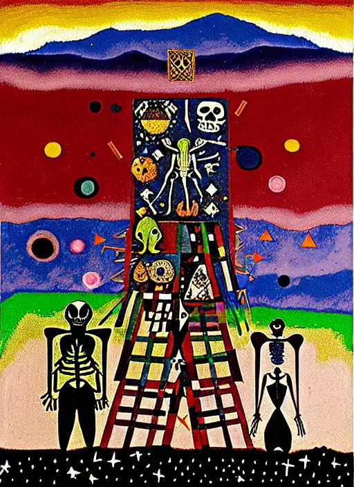 Image similar to pixel decollage painting tarot lovers card composition tower of babel road red armor maggot bear and wonky alien frog skeleton knight on a horse in a dark red cloudy night sky with golden foil jewish stars and diamonds, mountain lake and blossoming field in background, painted by Mark Rothko, Helen Frankenthaler, Danny Fox and Hilma af Klint, pixelated, neo expressionism, semi naive, pastel colors, cinematic, color field painting, cave painting, voxel, pop art look, outsider art, minimalistic. Bill Traylor painting, part by Philip Guston, Amano and Francis Bacon. art by Adrian Ghenie and Storm Thorgerson, very coherent symmetrical artwork, cinematic, hyper realism, high detail, octane render, unreal engine, Smooth gradients, depth of field, full body character drawing, extremely detailed, 8k, extreme detail, intricate detail, masterpiece