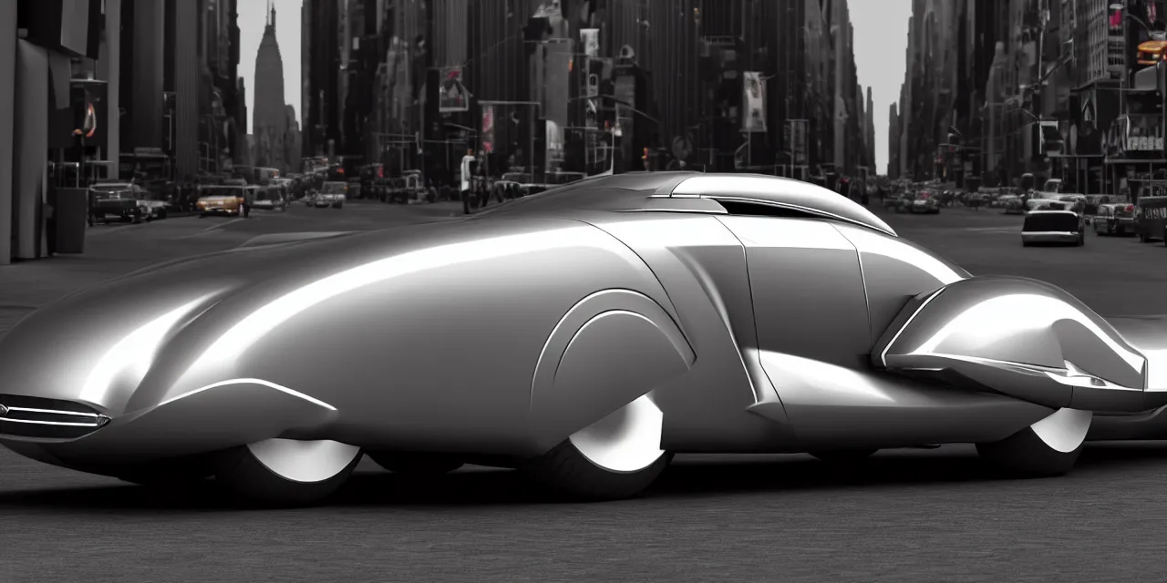 Prompt: photo of a futuristic 1 9 5 0's classic car new york city art - deco 1 9 2 0's - 2 0 6 0's fusion style, concept car 4 k realistic photorender