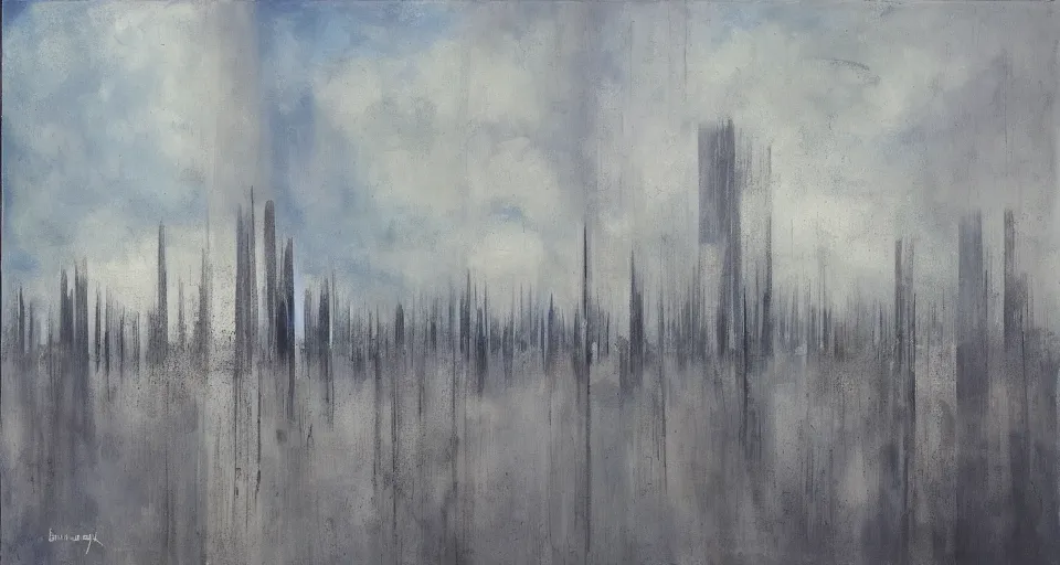 Prompt: world of only concrete, a flat endless plane of concrete covered in thin, very tall concrete pillars that go on to the horizon, open sky, blue sky with clouds, god rays, beautiful painting, oil on canvas, by Ewa Czarniecka, award winning masterpiece,