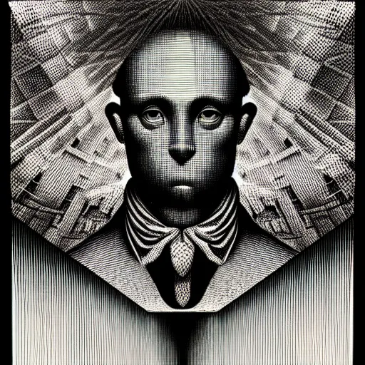 Image similar to grainy spray effect super conceptual figurative post - morden monumental portrait made by escher and piranesi, highly conceptual figurative art, intricate detailed illustration, illustration sharp geometrical detail, vector sharp graphic, controversial, manga 1 9 9 0