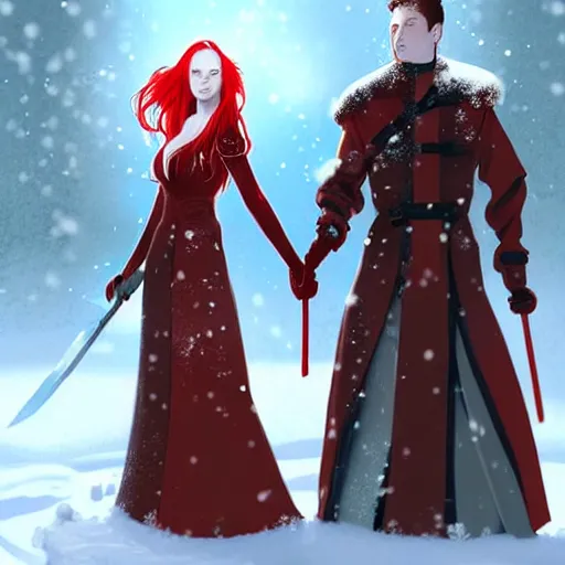 Image similar to A woman and a man are standing in the snow, the woman is leaning against the man, the man has long red hair, the woman has blonde long hair, the man has a red thick sword, the woman has a thin, long sword, a tree almost fully covered in bulky snow, concept art by Fabien Charuau, trending on pixiv, fantasy art, official art, wiccan, concept art, 4k, sharp details