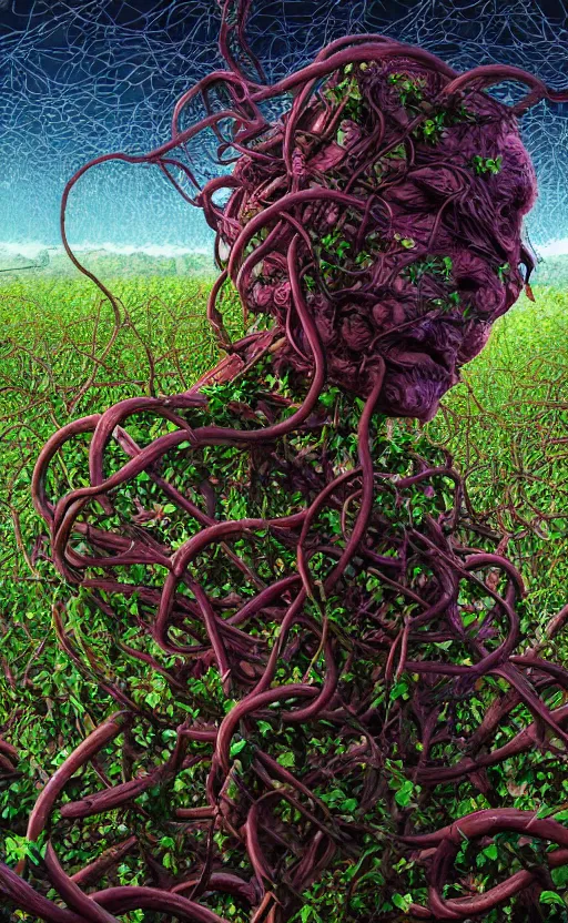 Image similar to a person trapped in extremely thick vines intertwined, central composition, high saturation, epic lighting, in the style of Peter gric and Hannah yata 8k