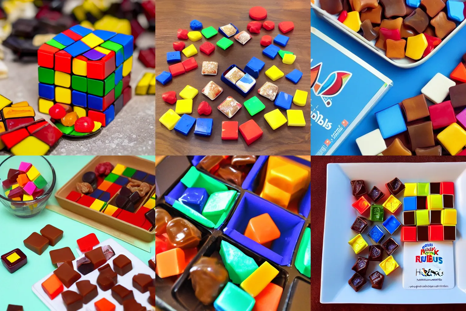 Prompt: delicious Rubik's pralines and Rubik's Haribos, food blog photo