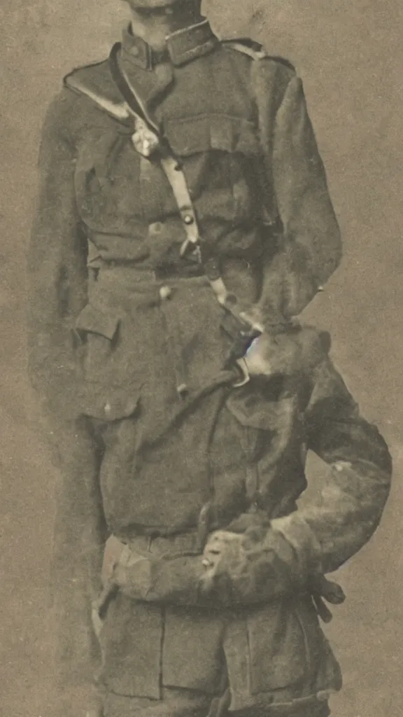 Image similar to Luigi as a world war I soldier, photograph, colorized, damaged