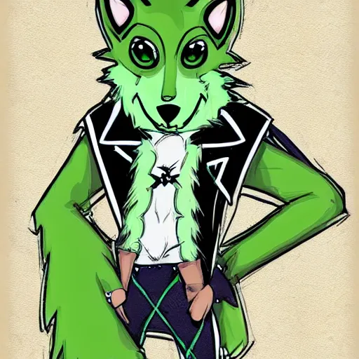 Image similar to Beautiful digital painting of an anthro anthropomorphic pastel-green wolf, Punk outfit. Western comic book style, inked, cute, cozy