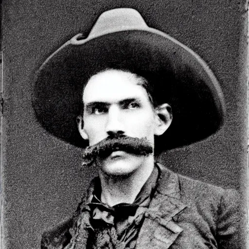 Image similar to A photograph portrait of Jerma985 as a cowboy with a pyramidal mustache in the late 1800s, taken in the late 1800s, 1870s, grainy, taken on a Field View Camera, realistic, hyperrealistic, very realistic, highly detailed, very detailed, extremely detailed, detailed, digital art, trending on artstation