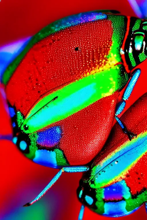 Image similar to high quality macro photo iridescent Red spotted jewel beetles! gorgeous highly detailed david ligare elson peter cinematic blue lighting high quality low angle hd 8k sharp shallow depth of field