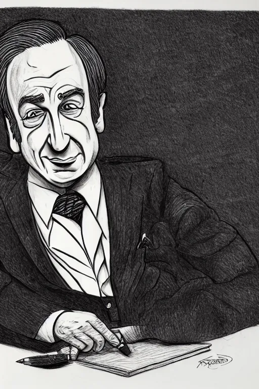 Image similar to a caricature of saul goodman by tom richmond, black pen on paper. detailed, hd image,