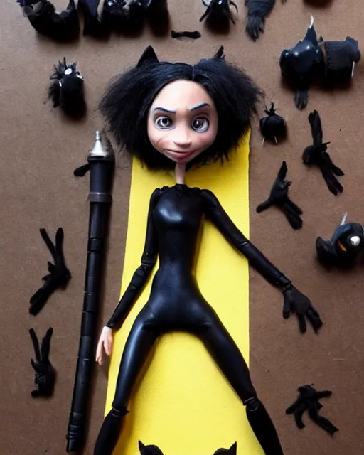 Prompt: zoe kravitz ’ s cat woman as a highly detailed stop motion puppet, in the style of laika studios ’ s paranorman, coraline, kubo and the two strings shot in the style