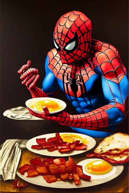 Prompt: spider - man eating fried eggs and bacon, oil painting, high detail, dark lighting, atmospheric, extremely detailed, intricate, da vinci, michelangelo, caravaggio, hans holbein, raphael, donatello, 8 k