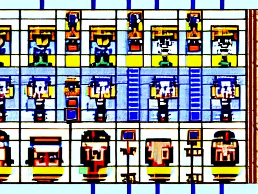 Image similar to screenshot of a 1 9 9 3 1 6 - bit snes mega man game consisting of a grid of 9 framed closeup face portraits of cute evil robots.