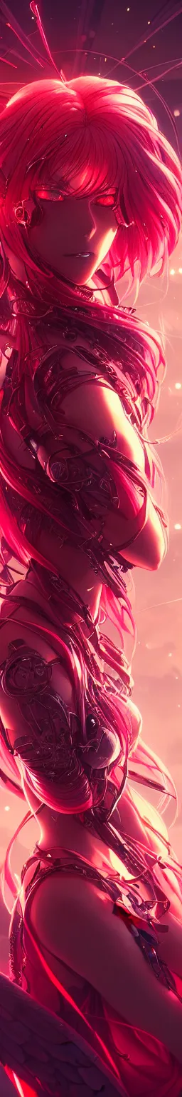 Prompt: beautiful cinematic female cyborg angel falling apart , fantasy magic, short fiery red black fade braided hair, dark light night, highly intricate details, advanced digital anime art, concept art, wlop rossdraws Sakimimichan