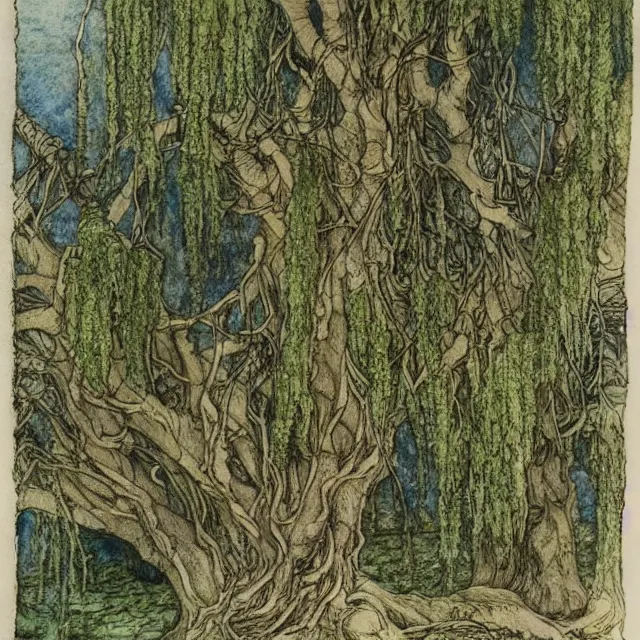 Image similar to a detailed, intricate watercolor and ink illustration with fine lines, of a mossy willow tree by a river, by arthur rackham and edmund dulac and ted nutall