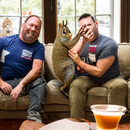 Image similar to alex jones and squirrel squad in living room drinking modelos