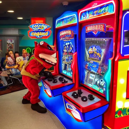 Prompt: professional photo of Chuck E. Cheese mascot, Avenger version, playing an arcade machine, high quality