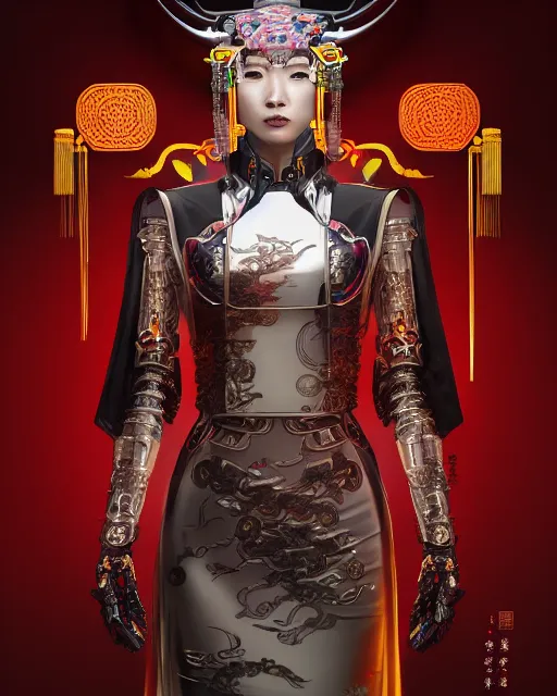 Image similar to portrait of a chinese cyberpunk machine, machine face, robed, upper half portrait, decorated with chinese opera motifs regal asian machine robot cyberpunk fine china, wuxia, traditional chinese art intricate intense elegant highly detailed digital painting artstation concept art smooth sharp focus illustration, art by artgerm and greg rutkowski alphonse mucha 8 k