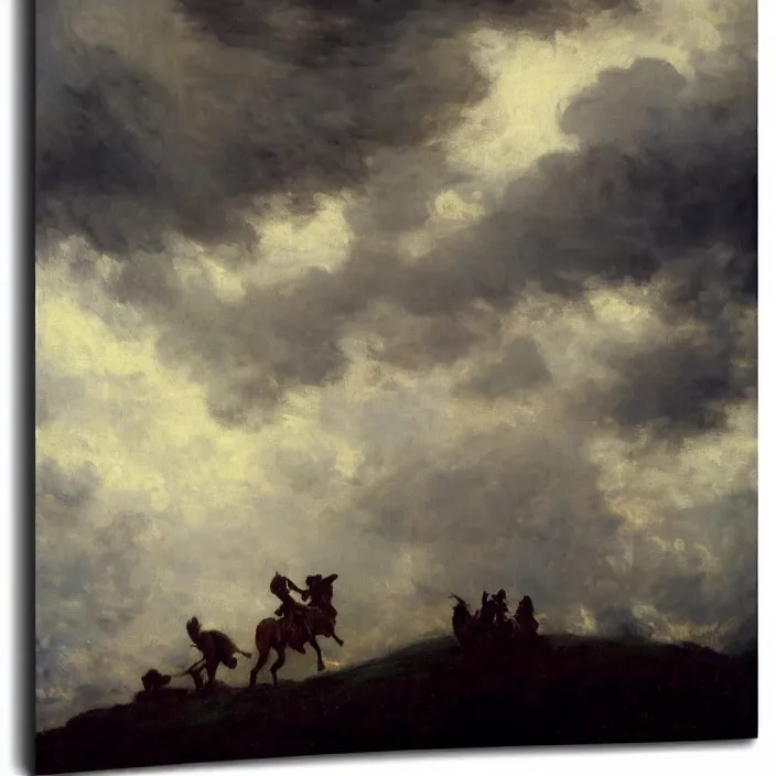 Image similar to medium shot, low-angle, painting of wild hunt in the sky, dark clouds, night, beautiful, dark academia aesthetic, magic vibes, soft lighting, by George Roux, by Monet, by oil on canvas, Royal Academy, masterpiece, trending on artstation, cinematic composition, dramatic pose, beautiful lighting, sharp, details, hyper-detailed, HD