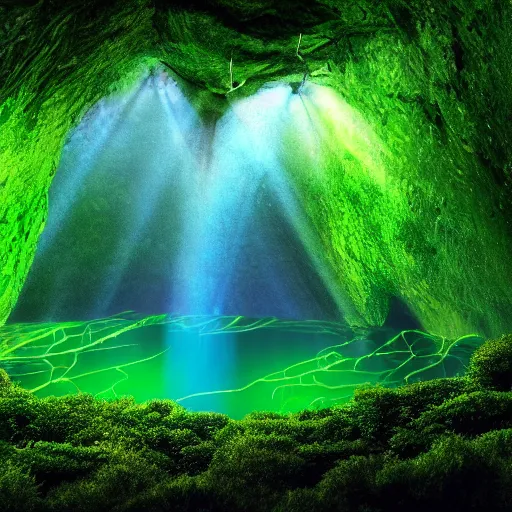 Image similar to a professional photograph of a glowing cave hidden by a curtain of vines and hidden by lush green vines, small pool of water, trickling water, stone, hidden, forest, night, glow, magical, magic, fantasy, high quality, highly detailed, award-winning, awe-inspiring, spectacular, HD, 4K, 8K