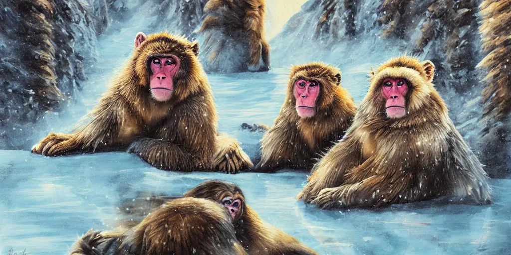 Prompt: artwork by Anato Finnstark, snow monkeys at the mountain spa