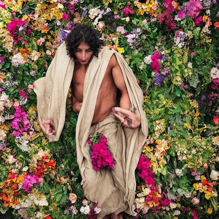 Prompt: a satyr wearing a cloak made of flowers, by Omar Z. Robles, CANON Eos C300, ƒ1.8, 35mm, 8K, medium-format print