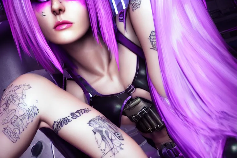 Prompt: cyberpunk hottie with white french bob style hair and body tattooed purple, highly detailed, octane render, attractive, artstation, 16k, smooth, sharp focus, trending on ArtStation