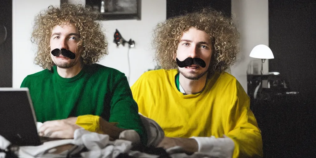 Image similar to french white man with puffy hair, mustache and a green sitting on a black chair in his room looking at the camera, photorealistic, webcam, yellow lightning