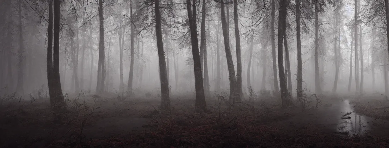 Prompt: dark foggy old forest in the night, dangeous scifi fluorescent robots with metal legs are searching for remaining humans, postapo style, heavy rain, reflections, high detail, dramatic moment, motion blur, dense ground fog, dark atmosphere, saturated colors, by darek zabrocki, render in unreal engine - h 7 0 4